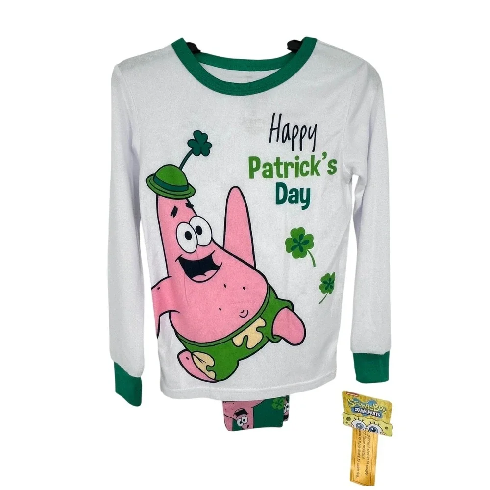 SpongeBob SquarePants Pajama Set Boys 8 White Green Patrick St Patricks Day New
